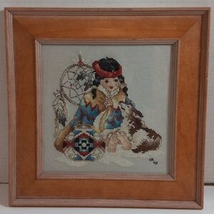 Framed Cross-stitch. Native American Child and Dog. Signed. 1998.